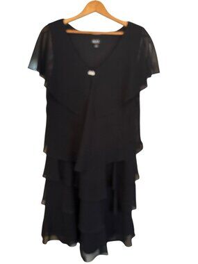 SLNY Black Asymmetrical Layered Tiered Dress Sz 16 Lined Rhinestone Embellished